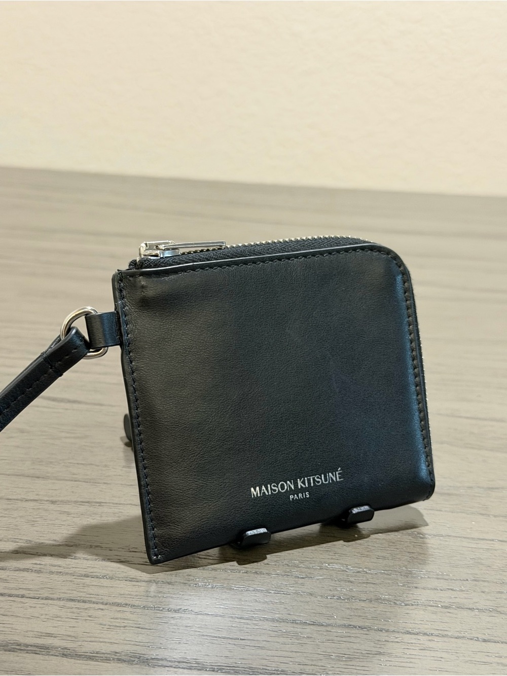 MAISON KITSUNÉ Black Leather Zip Wristlet Wallet with Strap